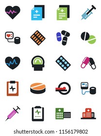 Color and black flat icon set - heart pulse vector, diagnosis, syringe, blood pressure, pills, blister, tomography, clipboard, hospital