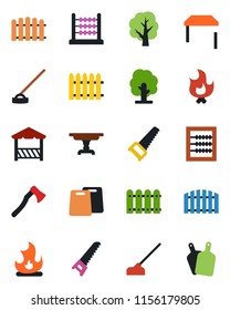Color and black flat icon set - fence vector, tree, saw, fire, hoe, axe, abacus, table, alcove, cutting board