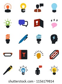 Color and black flat icon set - speaking man vector, pen, brainstorm, bulb, dialog, wine card, hot dog, energy saving, shining head, idea