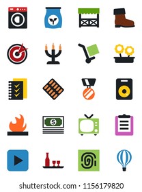 Color and black flat icon set - tv vector, medal, boot, fertilizer, pills blister, cash, clipboard, cargo, flammable, speaker, play button, checklist, washer, flower in pot, alcohol, candle, alcove