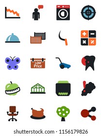 Color and black flat icon set - speaking man vector, calculator, lawn mower, butterfly, sickle, greenhouse, caries, diet, cargo container, hdmi, target, fruit tree, low price signboard, washer, dish