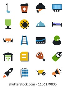 Color And Black Flat Icon Set - Bed Vector, Seat Map, Document, Coffee, Ladder, Wheelbarrow, Sun, Support, Truck Trailer, Fragile, Rca, Dish, Waiter, Cafe Table, Credit Card, Ham, Ladle, Rocket