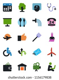 Color and black flat icon set - spoon and fork vector, disabled, mouse, farm, tree, watering, stethoscope, route, plane, 24 hours, warehouse, video camera, finger up, themes, calendar, windmill