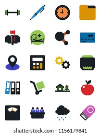 Color and black flat icon set - credit card vector, meeting, rain, scales, barbell, hospital bed, pin, clock, cargo, share, hdmi, calculator, folder, paper binder, pen, house with tree, mailbox