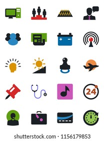 Color and black flat icon set - suitcase vector, 24 around, pedestal, stethoscope, plane, antenna, speaker, group, brightness, music, drawing pin, news, support, stamp, credit card, pc, warm floor