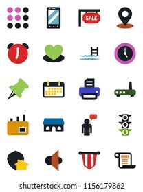 Color and black flat icon set - mobile phone vector, speaking man, pennant, printer, heart, traffic light, term, speaker, paper pin, menu, clock, alarm, place tag, mail, pool, sale, cafe building