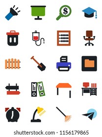 Color and black flat icon set - signpost vector, office binder, graduate, desk, job, printer, fence, rake, dropper, alarm, folder, torch, presentation board, abacus, lamp, table, trash bin, chair