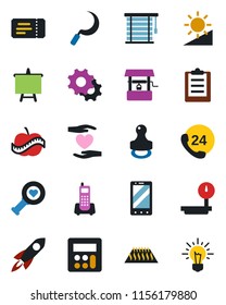 Color and black flat icon set - ticket vector, mobile phone, presentation board, well, sickle, heart diagnostic, hand, diet, office, 24 hours, heavy scales, settings, calculator, brightness, stamp