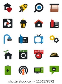 Color and black flat icon set - office phone vector, tv, radio, house, estate search, bathroom, sweet home, eco, fan, wireless, pc, gear, washer, warm floor, outdoor lamp, jalousie, sun panel