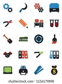 Color and black flat icon set - desk vector, job, pruner, sickle, blood test vial, themes, paper binder, target, printer, notebook pc, archive box, pencil, handshake, stapler, gear, money bag