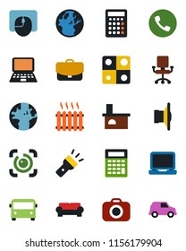 Color and black flat icon set - airport bus vector, phone, mouse, notebook pc, fireplace, earth, camera, speaker, laptop, torch, eye id, application, cushioned furniture, heater, office chair, case