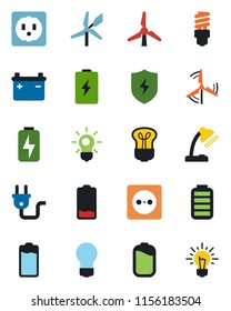 Color and black flat icon set - bulb vector, battery, low, protect, charge, desk lamp, windmill, socket, power plug, energy saving, idea