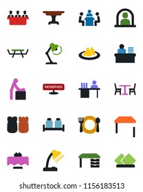 Color and black flat icon set - cafe vector, baby room, reception, desk, picnic table, manager, lamp, meeting, restaurant, serviette, reserved, salt and pepper