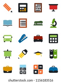 Color and black flat icon set - airport bus vector, book, calculator, graduate, abacus, presentation board, microscope, case, pencil, stapler