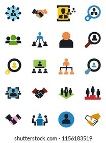 Color and black flat icon set - handshake vector, hierarchy, pedestal, user, hr, meeting, company, client search, consumer, group
