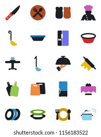 Color and black flat icon set - fridge vector, cook, restaurant table, cafe, plates, waiter, salt and pepper, ladle, bowl, rolling pin, cutting board, knife, steaming pan