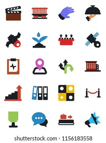 Color and black flat icon set - fence vector, baggage conveyor, growth statistic, glove, pulse clipboard, route, navigation, railroad, satellite, fragile, clapboard, dialog, application, meeting
