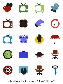 Color and black flat icon set - tv vector, office chair, case, mouse, stamp, glove, butterfly, real heart, umbrella, dress code, chip, clock, tie