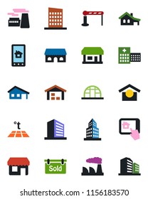Color and black flat icon set - barrier vector, office building, factory, greenhouse, hospital, store, warehouse storage, house with garage, sold signboard, city, cafe, home control app, warm floor