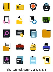 Color and black flat icon set - passport vector, identity, document search, notepad, reload, stamp, printer, folder, case, news, copier, estate, certificate, contract