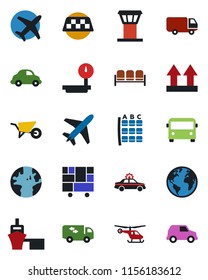 Color and black flat icon set - plane vector, airport tower, taxi, bus, waiting area, alarm car, helicopter, seat map, wheelbarrow, earth, delivery, sea port, consolidated cargo, up side sign
