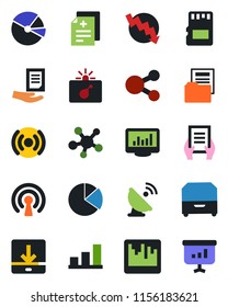 Color and black flat icon set - bomb in case vector, crisis graph, document, diagnosis, satellite antenna, share, scanner, sd, download, monitor statistics, bar, pie, folder, archive box, wireless