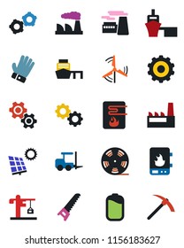 Color and black flat icon set - fork loader vector, gear, factory, glove, saw, sea port, reel, battery, sun panel, windmill, crane, water heater, hard work