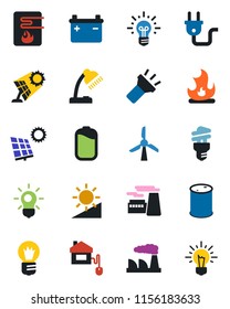 Color and black flat icon set - bulb vector, factory, fire, oil barrel, torch, brightness, battery, desk lamp, sun panel, home control, power plug, water heater, energy saving, windmill, idea
