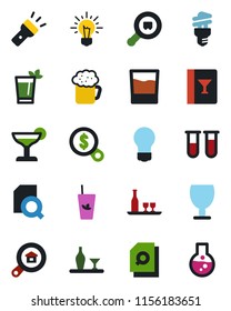 Color and black flat icon set - bulb vector, blood test vial, fragile, search cargo, torch, document, estate, alcohol, wine card, drink, cocktail, phyto bar, beer, energy saving, money, idea, flask