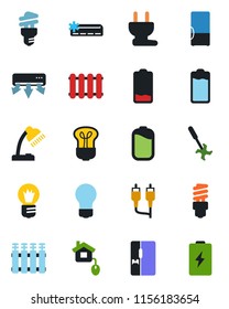 Color and black flat icon set - bulb vector, ripper, battery, low, rca, desk lamp, air conditioner, fridge, home control, power plug, radiator, energy saving