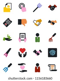 Color and black flat icon set - handshake vector, document, garden fork, farm, saw, heart hand, touch screen, finger down, fingerprint id, estate, waiter, remote control, palm sproute, contract