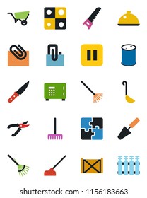 Color and black flat icon set - safe vector, trowel, rake, wheelbarrow, pruner, saw, hoe, container, oil barrel, pause button, application, paper clip, dish, ladle, knife, radiator