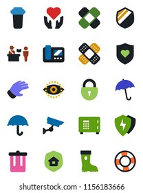Color and black flat icon set - passport control vector, umbrella, trash bin, safe, lock, glove, boot, patch, heart shield, hand, protect, eye id, estate insurance, intercome, water filter