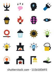 Color and black flat icon set - sun vector, brainstorm, fire, garden light, eye, traffic, torch, brightness, fireplace, beer, candle, bulb, outdoor lamp, shining head, idea, palm sproute