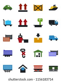 Color and black flat icon set - baggage trolley vector, railroad, sea shipping, truck trailer, cargo container, car delivery, port, warehouse storage, up side sign, no hook, package, heavy scales