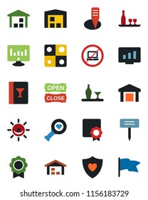 Color and black flat icon set - no laptop vector, statistic monitor, plant label, heart diagnostic, shield, warehouse, application, sertificate, alcohol, wine card, open close, alarm led, flag