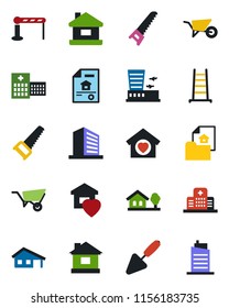 Color and black flat icon set - barrier vector, airport building, office, trowel, ladder, wheelbarrow, saw, house, hospital, with garage, tree, estate document, sweet home, city