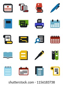 Color and black flat icon set - contract vector, book, document search, pen, notepad, calendar, printer, medical, copybook, news, schedule