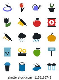 Color and black flat icon set - seedling vector, watering can, rain, plant label, pumpkin, seeds, pond, tulip, oil barrel, flower in pot, rolling pin, apple fruit, water filter