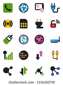 Color and black flat icon set - satellite vector, network, share, rca, call, sim, data exchange, cellular signal, power plug, wireless lock, router, home control app, social media