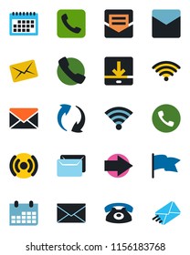 Color and black flat icon set - phone vector, right arrow, mail, calendar, call, update, download, wireless, flag