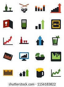 Color and black flat icon set - growth statistic vector, barcode, equalizer, scanner, monitor statistics, alcohol, wine card, drink, phyto bar, beer, salad, sushi, arrow up graph