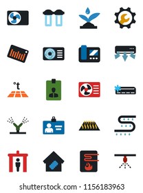 Color and black flat icon set - security gate vector, identity card, drip irrigation, barcode, root setup, air conditioner, smart home, water heater, intercome, filter, warm floor, sprinkler