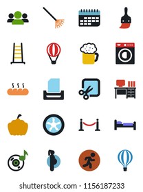 Color and black flat icon set - fence vector, bed, desk, rake, ladder, pumpkin, run, pregnancy, term, themes, cut, music, paper tray, washer, beer, bread, fan, group, air balloon