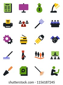 Color and black flat icon set - team vector, meeting, trowel, farm fork, rake, settings, presentation board, document search, desk lamp, printer, tie, copier, hierarchy, pencil, handshake, contract