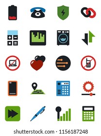 Color and black flat icon set - no mobile vector, laptop, calculator, navigation, chain, heart, low battery, fast forward, phone back, protect, scanner, network, data exchange, brightness, pen