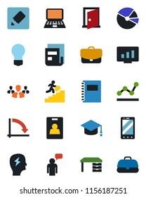Color and black flat icon set - mobile phone vector, speaking man, graduate, desk, notebook pc, crisis graph, brainstorm, bulb, statistic monitor, notes, copybook, pie, news, identity card, point