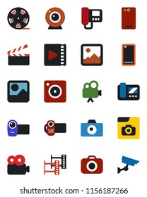 Color and black flat icon set - camera vector, clapboard, film frame, reel, video, phone back, mobile, gallery, photo, web, intercome, surveillance