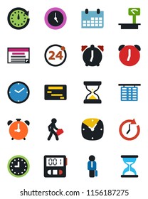 Color and black flat icon set - 24 around vector, alarm clock, flight table, calendar, heavy scales, stopwatch, manager, schedule, sand