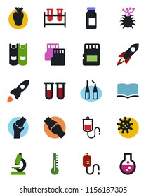 Color and black flat icon set - book vector, blood test vial, dropper, microscope, ampoule, real heart, joint, virus, sd, thermometer, rocket, flask